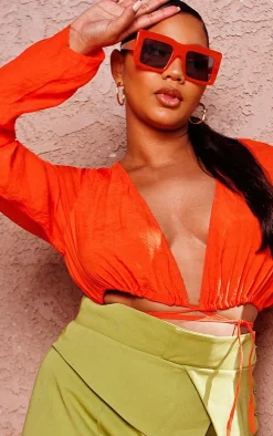 Plus Orange Linen Look Long Sleeve Plunge Beach Top