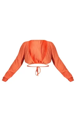 Plus Orange Linen Look Long Sleeve Plunge Beach Top