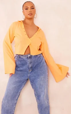 Plus Orange Linen Look Long Sleeve Shirt