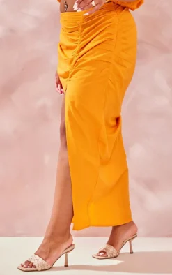 Plus Orange Linen Look Ruched Side Split Midi Skirt