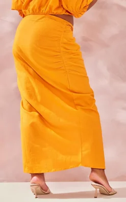 Plus Orange Linen Look Ruched Side Split Midi Skirt