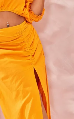 Plus Orange Linen Look Ruched Side Split Midi Skirt