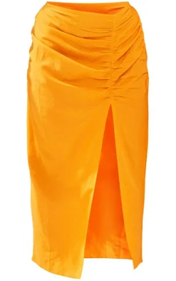 Plus Orange Linen Look Ruched Side Split Midi Skirt