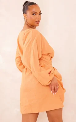 Plus Orange Linen Look Ruched Bodycon Dress