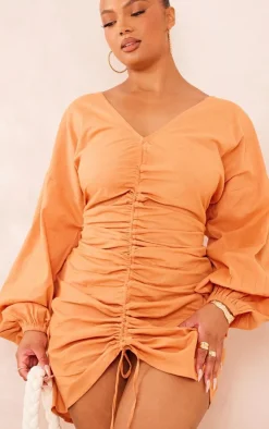 Plus Orange Linen Look Ruched Bodycon Dress