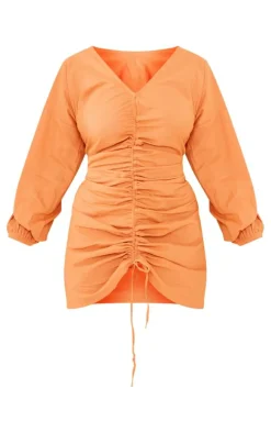 Plus Orange Linen Look Ruched Bodycon Dress