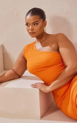 Plus Orange One Shoulder Textured Midi Dress