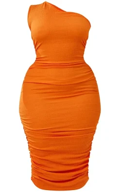 Plus Orange One Shoulder Textured Midi Dress