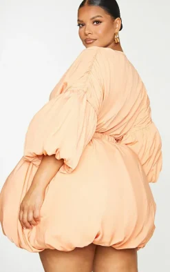 Plus Orange Puff Sleeve Puffball Hem Shift Dress