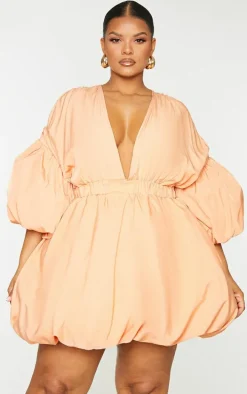 Plus Orange Puff Sleeve Puffball Hem Shift Dress