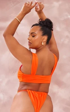 Plus Orange Ring Detail Ruched Bikini Top