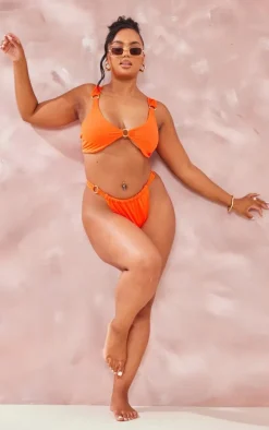 Plus Orange Ring Detail Ruched Bikini Top