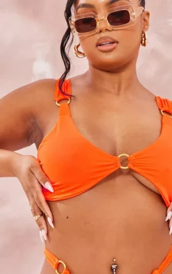 Plus Orange Ring Detail Ruched Bikini Top
