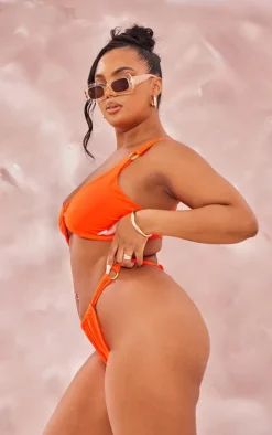 Plus Orange Ring Detail Ruched Bikini Bottoms