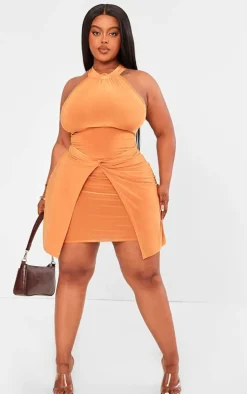 Plus Orange Ruched Front Detail High Neck Mini Dress