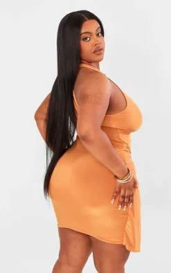 Plus Orange Ruched Front Detail High Neck Mini Dress