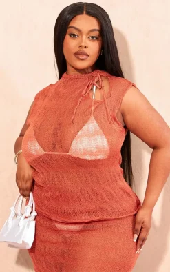 Plus Orange Sheer Knit Tie Neck Sleeveless Top