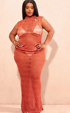 Plus Orange Sheer Knit Tie Neck Sleeveless Top