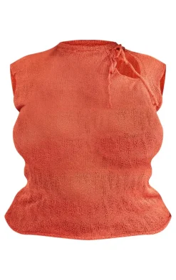 Plus Orange Sheer Knit Tie Neck Sleeveless Top