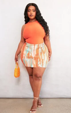 Plus Orange Teal Printed Plisse Micro Mini Skirt