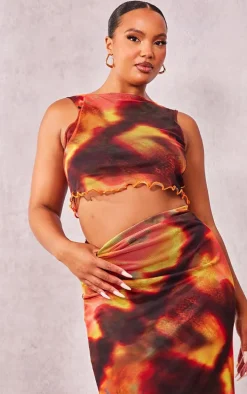 Plus Orange Tie Dye Printed Lettuce Hem Mesh Top