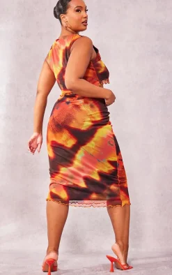 Plus Orange Tie Dye Printed Lettuce Hem Mesh Top