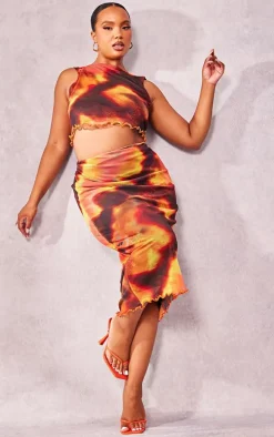 Plus Orange Tie Dye Printed Lettuce Hem Mesh Top