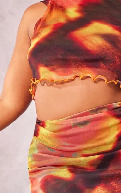 Plus Orange Tie Dye Printed Lettuce Hem Mesh Top