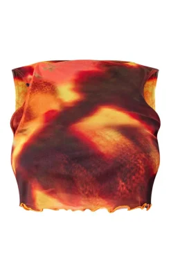 Plus Orange Tie Dye Printed Lettuce Hem Mesh Top