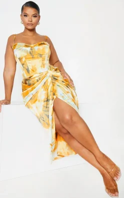 Plus Orange Tie Dye Ruched Side Midi Skirt