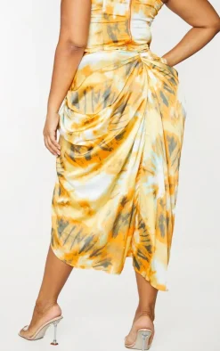 Plus Orange Tie Dye Ruched Side Midi Skirt