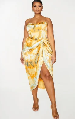 Plus Orange Tie Dye Ruched Side Midi Skirt