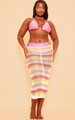 Plus Pink Crochet Stripe Tie Front Maxi Skirt