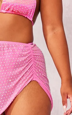 Plus Pink Diamante Mesh Ruched Beach Skirt