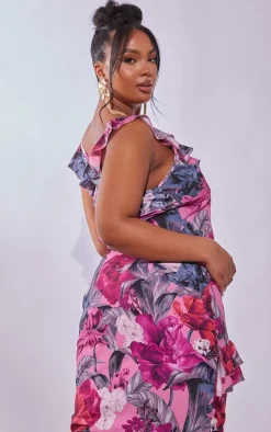 Plus Pink Floral Printed Ruffle Scoop Neck Top