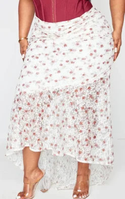 Plus Pink Floral Printed Lace Frill Hem Maxi Skirt