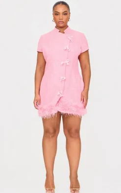 Plus Pink Glitter Boucle Feather Trim Mini Dress