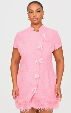 Plus Pink Glitter Boucle Feather Trim Mini Dress