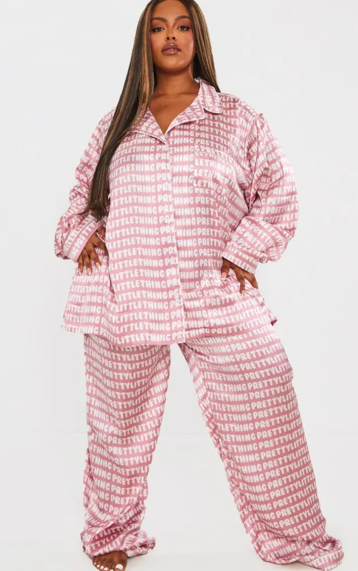 Plus Pink Satin Printed Piping Long PJ Set