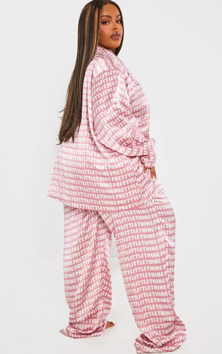 Plus Pink Satin Printed Piping Long PJ Set