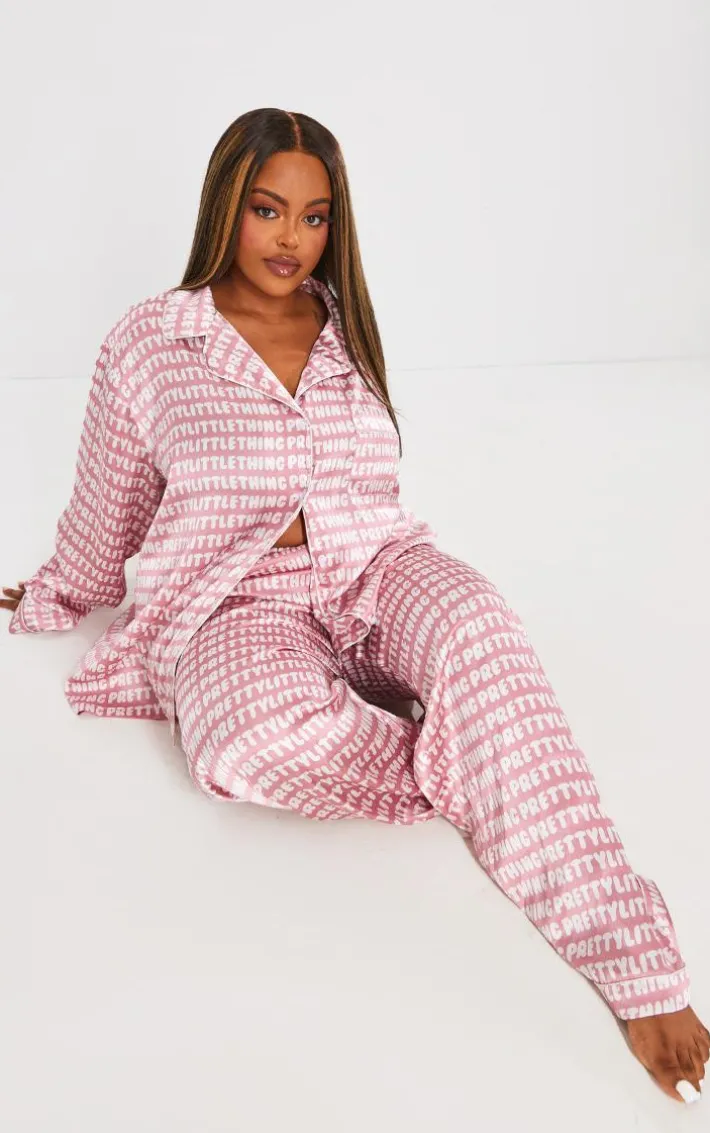 Plus Pink Satin Printed Piping Long PJ Set