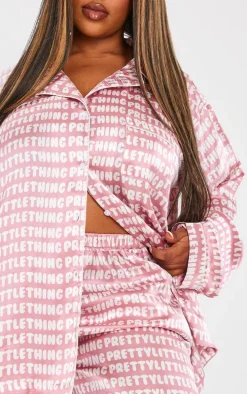 Plus Pink Satin Printed Piping Long PJ Set