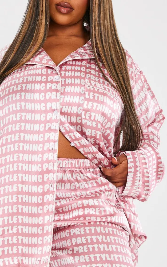 Plus Pink Satin Printed Piping Long PJ Set