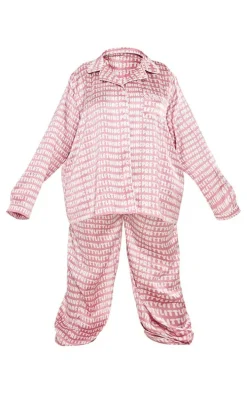 Plus Pink Satin Printed Piping Long PJ Set