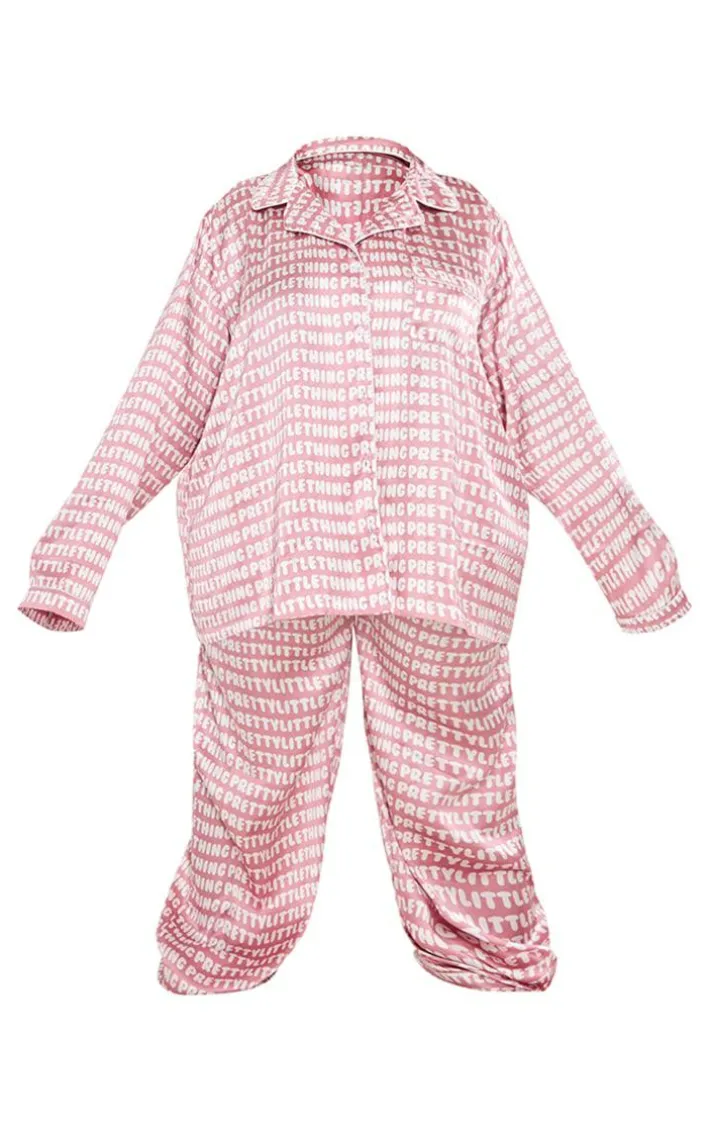 Plus Pink Satin Printed Piping Long PJ Set