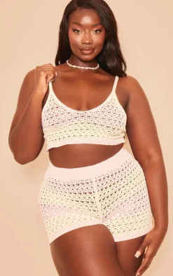 Plus Pink Striped Crochet Knit V Neck Crop Top