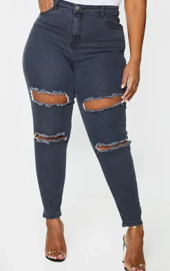 Plus PRETTYLITTLETHING Washed Black Double Rip High Waisted 5 Pocket Skinny Jeans