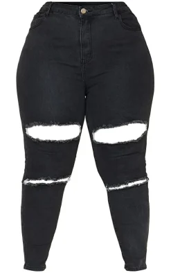Plus PRETTYLITTLETHING Washed Black Double Rip High Waisted 5 Pocket Skinny Jeans