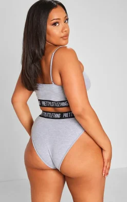 Plus PRETTYLITTLETTHING Grey Jersey Logo Tape Lingerie Set