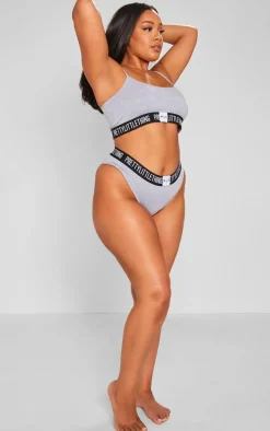 Plus PRETTYLITTLETTHING Grey Jersey Logo Tape Lingerie Set